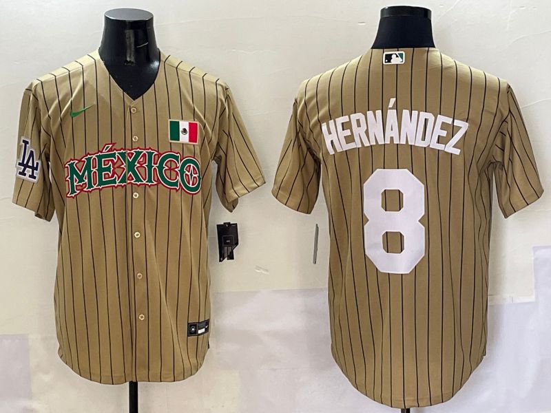 Men Los Angeles Dodgers 8 Hernandez Brown Stripe Mexico Joint Name 2025 Nike MLB Jersey style 2